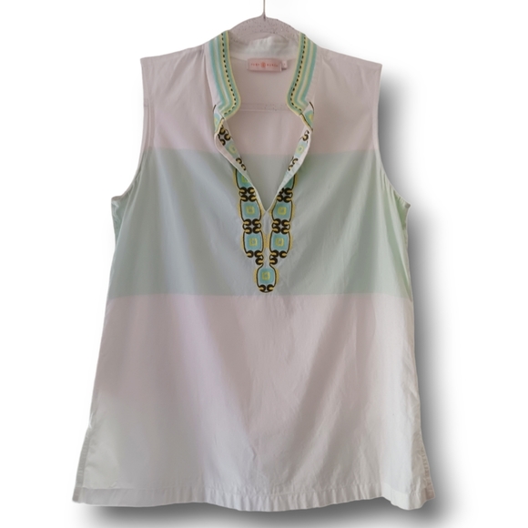 Tory Burch | Sleeveless Embroidered Tunic, Isla Collins Stripe | Size 8 - Picture 2 of 7